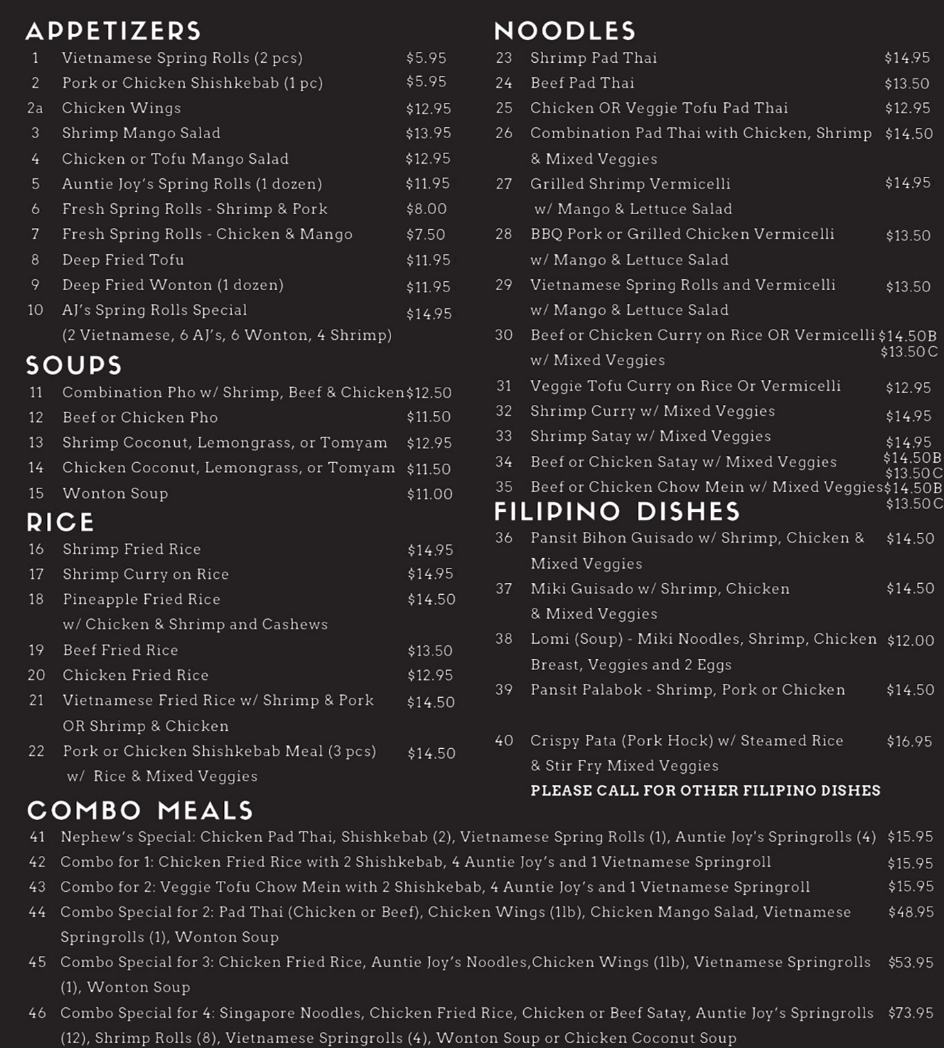 Menu Auntie Joy's Springrolls